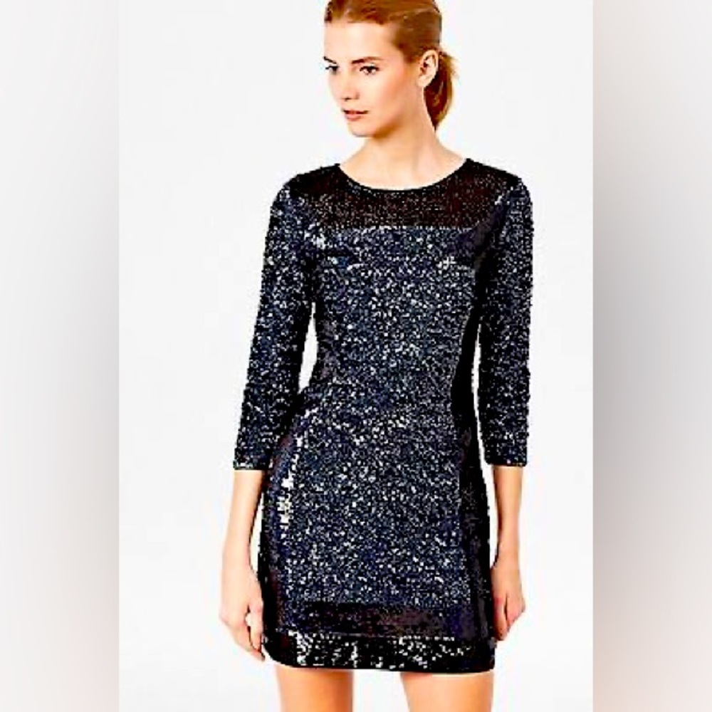 French Connection Sequin Black Color Block Stretch Cocktail Party Dress